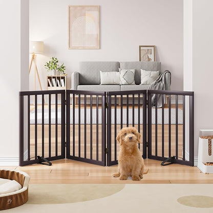 Freestanding Bamboo Wood Dog Gate Indoor, 4-Panel Pet Gates with 2 Stands and 360° Hinge for Doorways and Stairs, Puppy Gate for The House, Fully Assembled Safety Fence 74" W x 24" H - Espresso