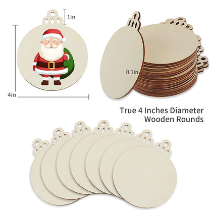 Fuyit 50PCS 4-Inch Wooden Christmas Ornaments, Unfinished Pre-Drilled Wood Slices Circles for DIY Crafts, Party Decorations & Holiday Ornaments