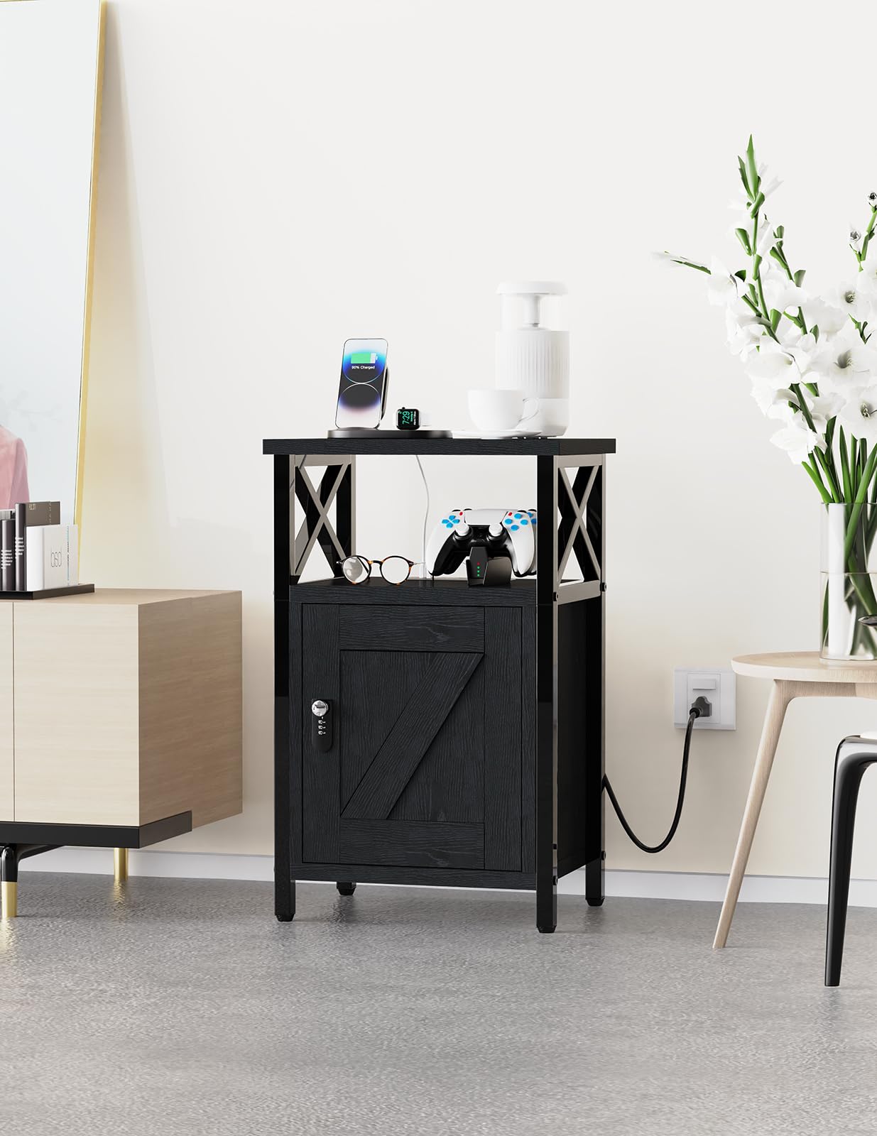 runjuly Wooden Nightstand with Charging Station, Bed Side Table with Drawers, Bedside Table with Lock, 3 USB & 2 Outlets, Night Stand with Cabinet Storage, End Table for Bedroom, Black