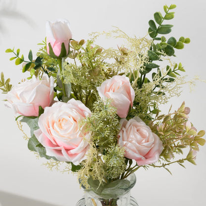 YJ Fake Flowers with Vase, Artificial Flowers Silk Roses Flower Bouquet in Vase, Faux Flower Arrangements,Farmhouse Table Decor,Table Decorations for Living Room,Coffee Table Decor(Pink)