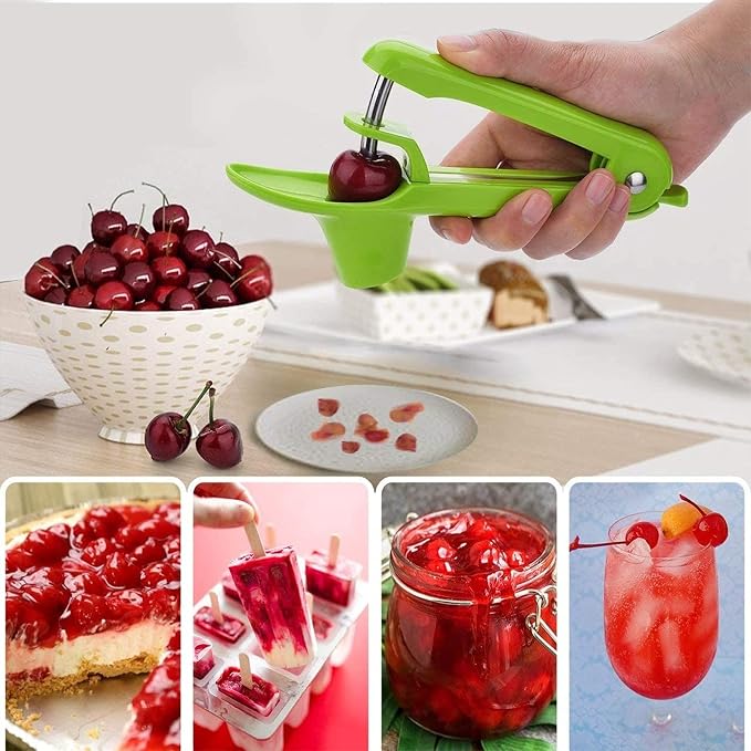 Cherry Pitter Tool, Heavy-Duty Cherry Seed Core Remover, Cherry Pitter Remover Tool with Space-Saving Lock Design, Pit Remover for Cherries (Green)