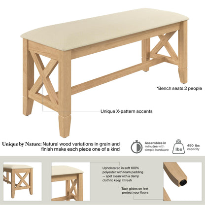 Bush Home 44-inch Upholstered Entryway Bench, Entryway and Hallway Furniture, Key West Collection, Blonde Oak and Bright Beige Fabric