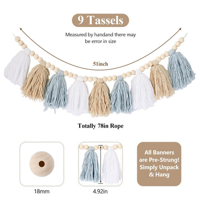 Coastal Boho Blue Tassel Garland Room Decor, Handmade Yarn Wood Beads Banner for Nursery, Baby Boy Shower Decorations for Wall Hanging, Classroom Decor, Birthday Party and Photo Backdrop