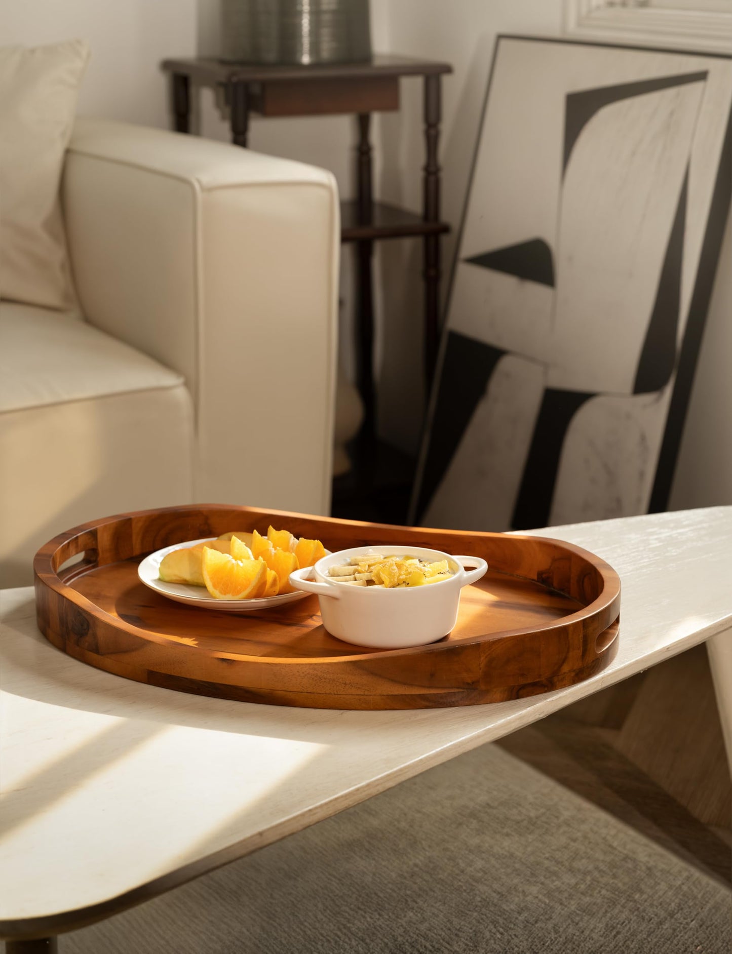 TIDITA Acacia Wood Ottoman Tray with Handles - 20" x 15" Round - Large Oval Serving Trays for Living Room -Wooden Trays for Decorative for Kitchen Counter, Coffee Table, Breakfast in Bed (Acacia)