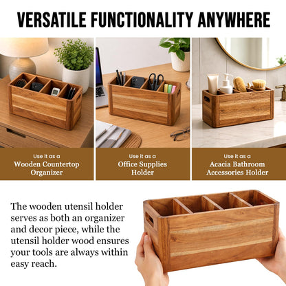 Paw-er Play Wooden Caddy Utensil Holder - Premium Acacia Wood Utensil Caddy with Sturdy Design for Easy Organization - Perfect Kitchen Utensil Organizer for Counters, Dining Tables, and Everyday Use