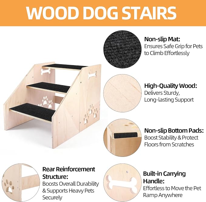 Dog Step, Wooden 3-Step Dog Stairs for High Beds & Couches, Non-Slip Pet Stair Ladder for Small Dogs, Puppies & Older Cats, 15.8 inch High