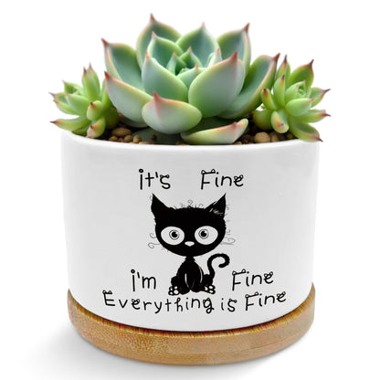 ROXMART Funny Office Black Cat Plant Pots, Cat Lover Gifts Succulent Planters, It's Fine Everything is Fine Sarcastic Ceramic Plant Flower Pots for Home Office Desk Table Shelf(No Plants)