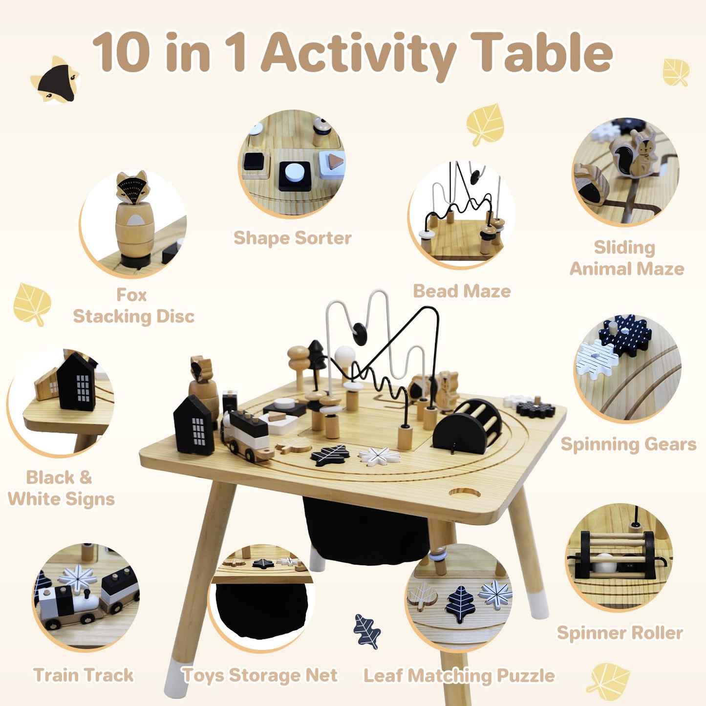 IDEA FAMILY Wooden Montessori Activity Table for Toddlers 1-3, Kids Play Sensory Toy Table, Activity Center with Bead Maze, Shape Sorter, Train Track, Educational Learning Toys for Girls Boys