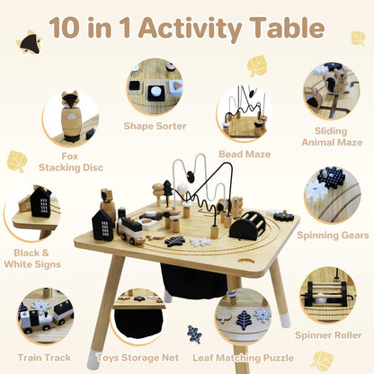 IDEA FAMILY Wooden Montessori Activity Table for Toddlers 1-3, Kids Play Sensory Toy Table, Activity Center with Bead Maze, Shape Sorter, Train Track, Educational Learning Toys for Girls Boys