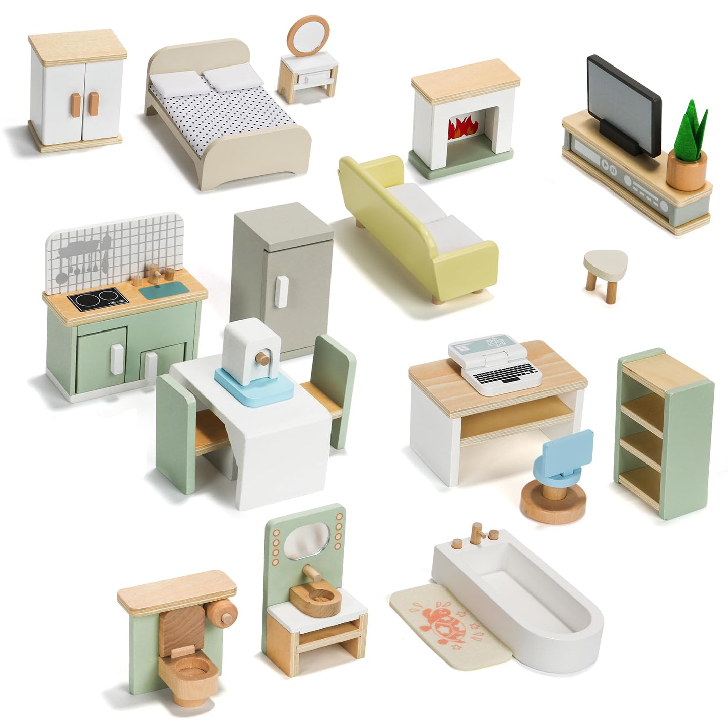 23PCS Wooden Dollhouse Furniture Set for 5 Rooms, Miniature Doll House Accessories & Furniture Toys for Toddlers, Indoor Scenes Pretend Play Toy for Kids 3+