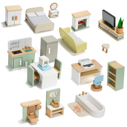 23PCS Wooden Dollhouse Furniture Set for 5 Rooms, Miniature Doll House Accessories & Furniture Toys for Toddlers, Indoor Scenes Pretend Play Toy for Kids 3+