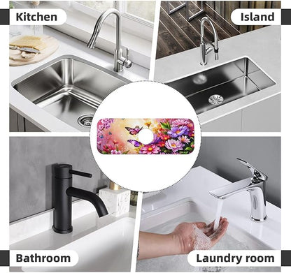 Pink butterfly flower Kitchen sink faucet pad, strong water absorption