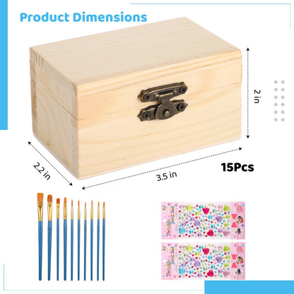 OMISTAR 27 Pcs Small Wooden Boxes Set with 10 Paint Brushes and Stickers, Small Wooden Boxes 3.5 x 2.2 x 2 in, DIY Craft, Storage, Art, Painting, Party Favors, Gifts
