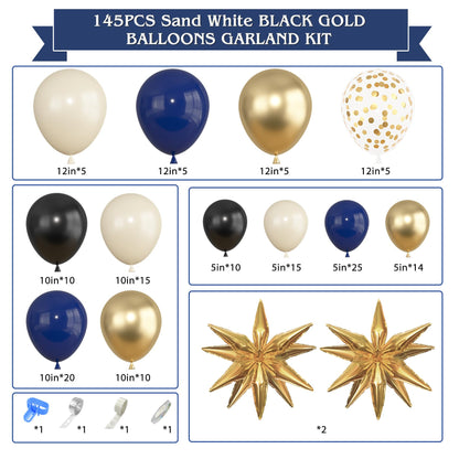 Amandir Navy Blue Gold Balloons Garland Arch Kit for Graduation Party Decorations, 145Pcs Gold Black Confetti Balloons with Foil Star for 2026 Graduation College Congrats Grad Class Birthday Supplies