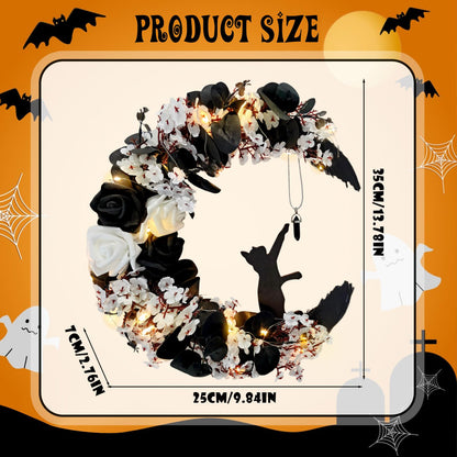 Halloween Wreaths for Front Door, Flower Moon Cat Halloween Home Decoration, Fall Winter Family Gathering Decoration Wreath Outdoor Wall Closet Fence Spooky Wreath(Moon Cat White13.7in×9.8in)