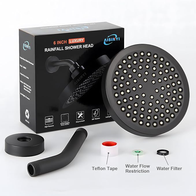 High Pressure Rainfall Shower Head, 6 Inches Showerhead with Perfect Adjustable Replacement, Removable Restrictor, Easy Installation for Your Bathroom Shower Heads (Matte Black + Shower Arm)