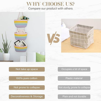 TeoKJ Over the Door Organizer, 3-Tier Woven Cotton Hanging Storage Baskets