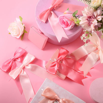 Canlierr 48 Pcs Pastel Tie Bows Satin Ribbon Bows with Twist Tie Craft for Wedding Wall Backdrop Decorations Birthday Wrapping Party Decor (5 x 7 Inch,Pink)