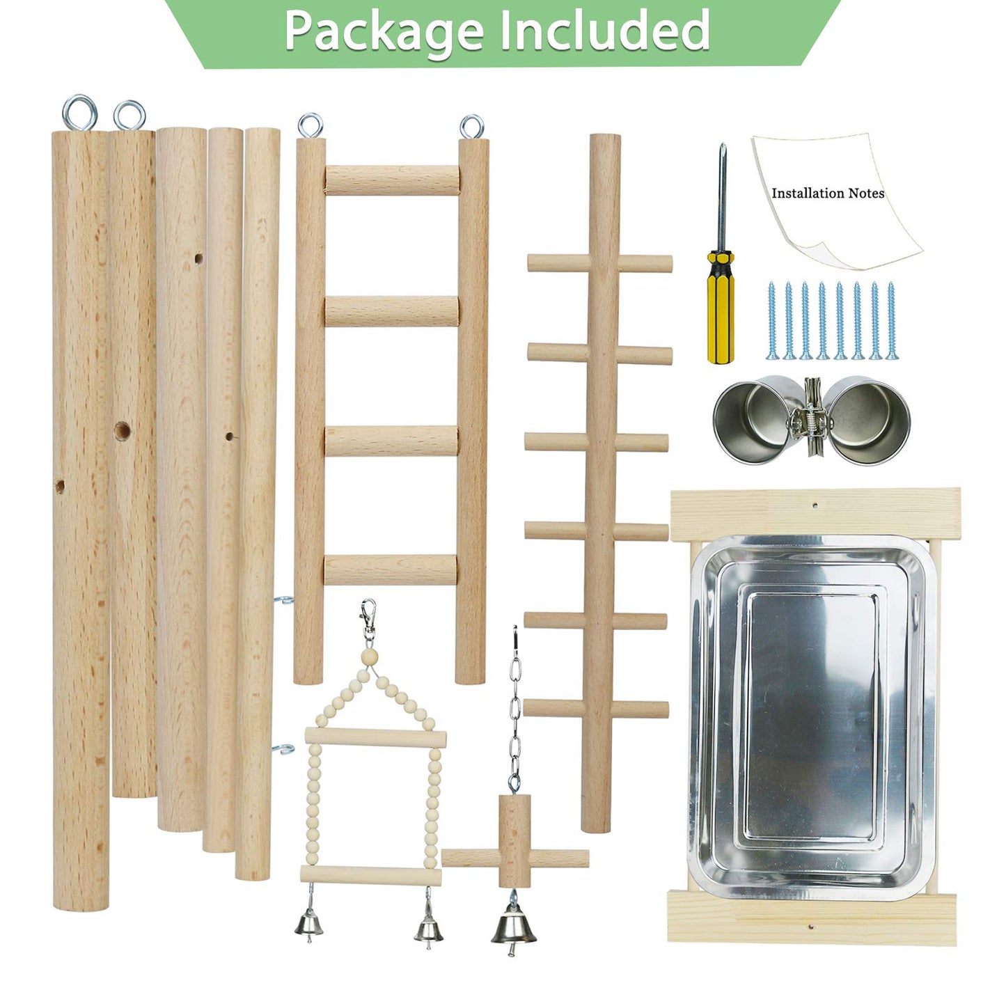 Ibnotuiy Parrot Playstand Bird Playground Birdcage Wood Perch Stand Ladder Swing with with Feeder Cups Birds Play Gym Cockatiel Playground Include Hanging Bell Swing Ladders