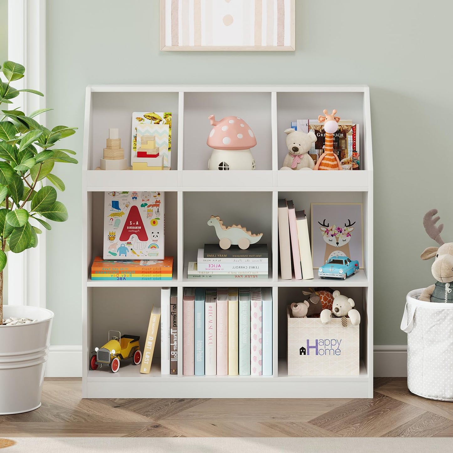 NELYE 9-Cube Wooden Storage Bookcase - 11-Inch Open Shelf Cabinet, Simple Modern Bookshelf Organizer for Home Office, Living Room, White
