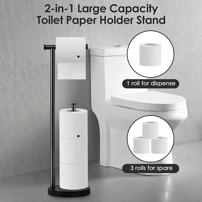 Toilet Paper Holder Stand, Bathroom Toilet Papers Stand with Large Reserve, Rustproof & Anti-Corrosion Free Standing Toilet Paper Holders, Non Tipping Toilet Paper Holder Free Standing with Thick Base