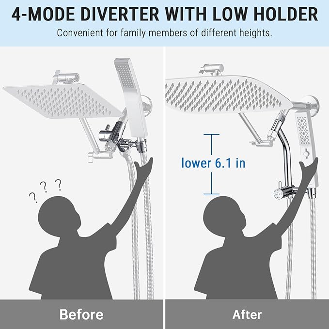 G-Promise All Metal 16 Inch Rain Shower Head with Massage Mode Handheld Spray Combo, 3-Way Diverter with Pause Setting, Full Body Coverage, Modern Bathroom Upgrade (Chrome)