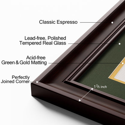 Yaetm 11x14 Diploma Frame, Certificate Frame with Tempered Glass, Display 8.5x11 Document with Dark Green Over Gold Acid-free Mat or 11 x 14 without Mat, Wide Molding (Single, Brown/Green)