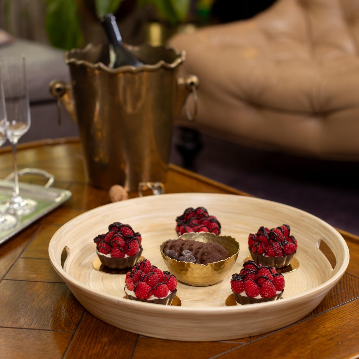 LEXA 15.7" Bamboo Round Serving Tray with Handles – Large Handcrafted Wooden Tray for Food, Ottoman, Coffee Table, Kitchen, or Charcuterie, Natural
