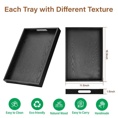 Wooden Serving Tray with Handles, 16.9 Inch Coffee Table Tray for Daily Use, Farmhouse Wood Tray for Breakfast, Lunch, Dinner, Home Kitchen Dining Tabletop Decor, Ottoman Decorative Tray, Black