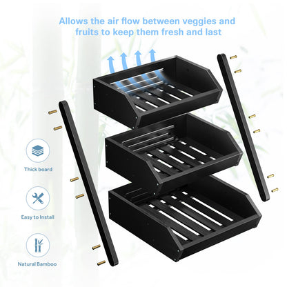 G.a HOMEFAVOR Large Bamboo Fruit Basket, 3 Tier Fruit Bowl for Kitchen Counter, Fruit Holder for Kitchen Countertop, Snack Fruit Vegetable Storage Basket Stand (BLACK)