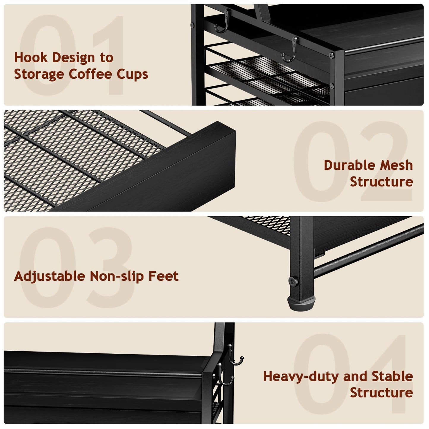 Homsorout Coffee Syrup Rack Organizer - 4-Tier 8 Syrup Wine Bottles Stand with 82 Storage Drawer for K Cups, Coffee Pod Holder for Countertop, Bar Station, Kitchen, Black