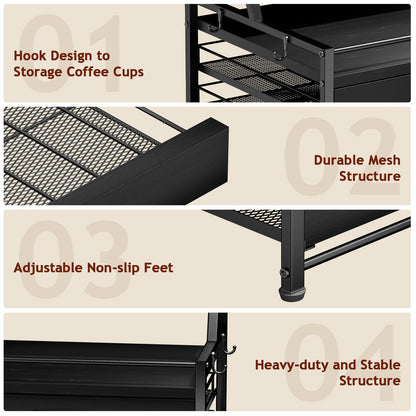 Homsorout Coffee Syrup Rack Organizer - 4-Tier 8 Syrup Wine Bottles Stand with 82 Storage Drawer for K Cups, Coffee Pod Holder for Countertop, Bar Station, Kitchen, Black