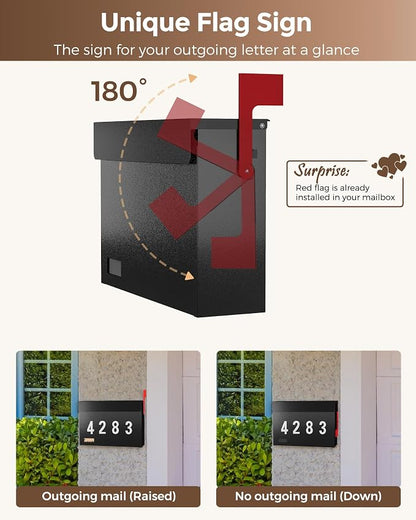 Modern Mailboxes for Outside, Metal Wall Mount Mailbox, with One Flag Kit and Three Sets of Mailbox Number Stickers, 3.9" D×14.2" W×10.2" H, Rust Resistant Coating Mail Boxes for House, Black AMB07B