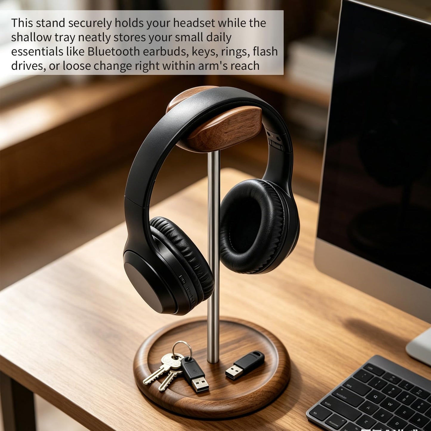 Oxmidud Headset Stand for Desk, Walnut Wood ＆ Stainless Steel Universal Wooden Headphone Holder with Storage Base, Gaming Equipment Accessories, Desk Organizer, Gifts for Gamers Men Boyfriend