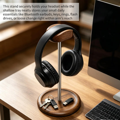 Oxmidud Headset Stand for Desk, Walnut Wood ＆ Stainless Steel Universal Wooden Headphone Holder with Storage Base, Gaming Equipment Accessories, Desk Organizer, Gifts for Gamers Men Boyfriend