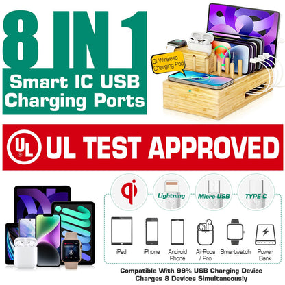 Bamboo Wireless Charging Station for Multiple Devices - Wood Docking Station Organizer, Qi Certified Fast Wireless Charger, 7 USB Charging Ports for Cellphone, Smart Watch, Earbuds, Tablet