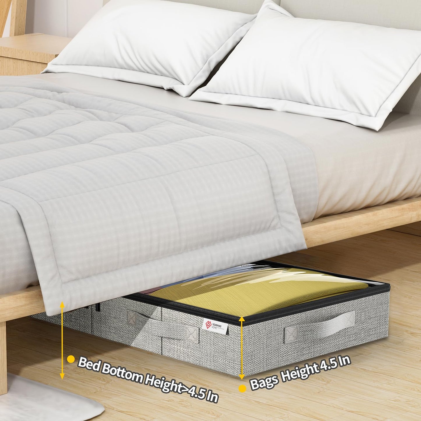 4.5 Inches Under Bed Storage Containers,2 Pack Low Profile Underbed Storage Boxes with Sturdy Structure and Lids, Reinforced Handles and Sturdy Sidewalls/Bottom for Clothes, Blanket, Pillows and Shoes