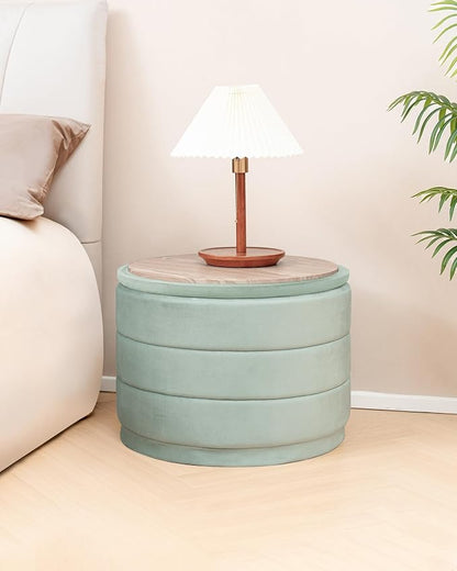 B FSOBEIIALEO Round Velvet Storage Ottoman with Tray, Folding Ottoman with Storage Coffee Table Foot Rest for Dorm Room, Living Room Sage, 22.83"x22.83"x17.32"