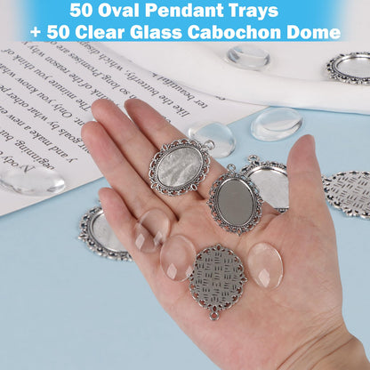 Hilltian 100 Pcs Bezel Pendant Blanks Settings, 50 Oval Pendant Trays Photo Charms with 50 Clear Glass Cabochon for Jewelry Making, DIY Blank Bezels Trays Kit for Crafts, 25x18mm (Antique Silver)