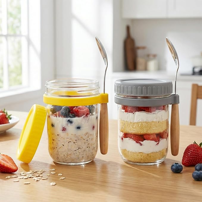 CycleMore 4-Pack 16 oz Overnight Oats Containers with Airtight Lids, Colorful Lids & Spoons, Wide Mouth Mason Jars, Glass Food Storage Containers for Snacks, Yogurt, Cereal, Fruit