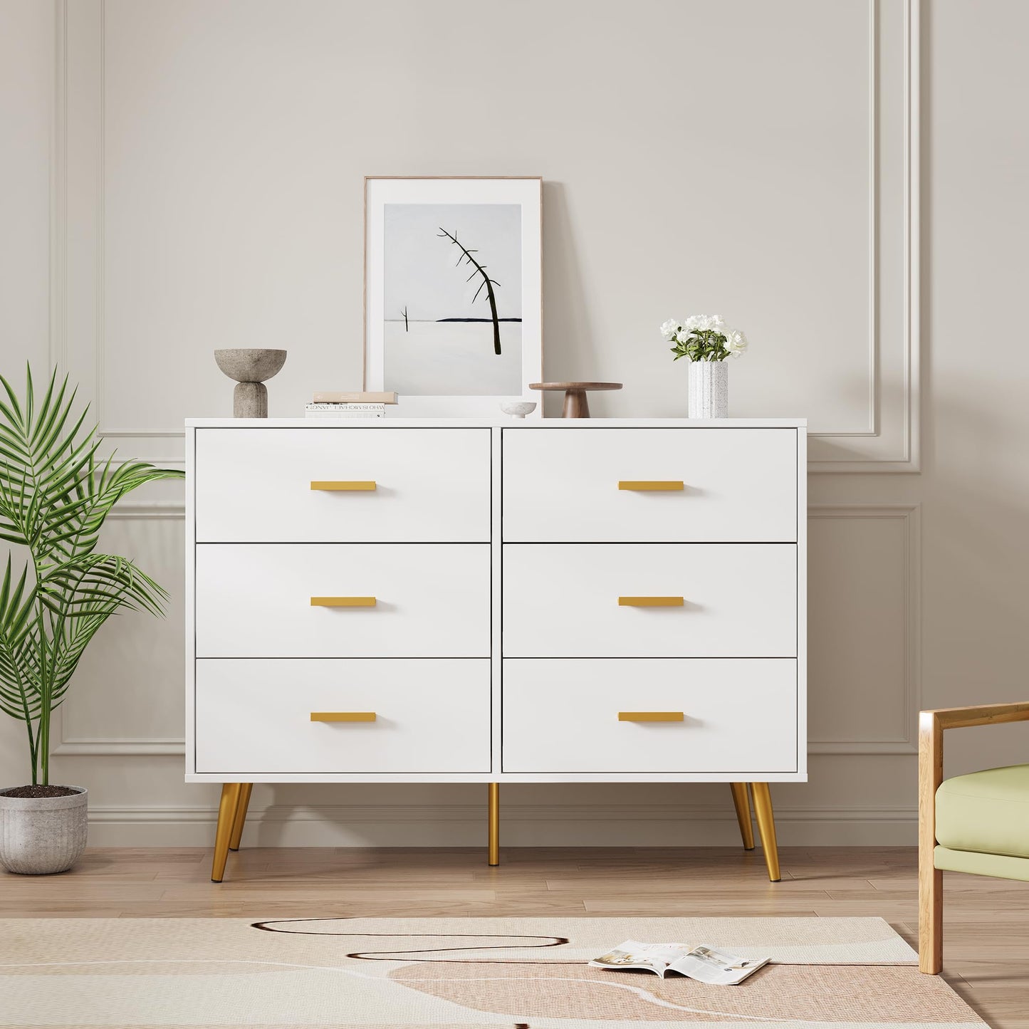 IDEALHOUSE 6 Drawer Dresser, Modern Wooden Chest of Drawers with Gold Handles, Deep Drawers for Bedroom, Living Room and Entryway, White