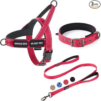 Annchwool No Pull Dog Harness,Heavy Duty Reflective Collar & Leash Set-Leash with Double Handle & Car Seatbelt Clip-Easy Control for Walking Training Medium Large Size Dogs(Red,L)