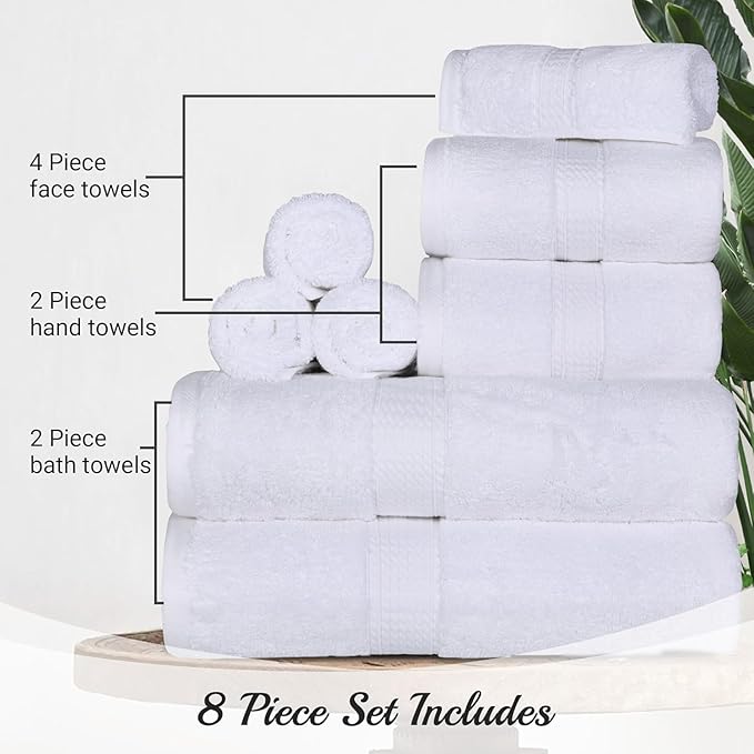SUPERIOR Egyptian Cotton Pile 8 Piece Towel Set, Includes 2 Bath, 2 Hand