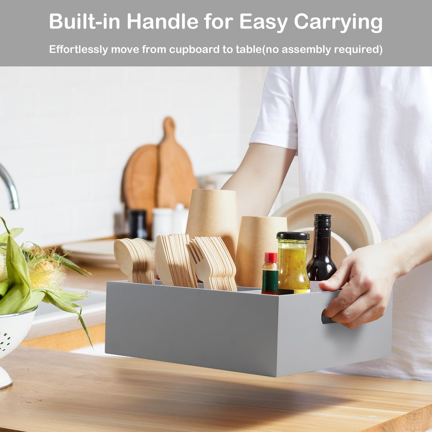 GCWSTJK Wood Utensil Holder for Party, 6-Compartment Paper Plate Organizer with Handles, Wooden Silverware Caddy for Picnic, Camping, BBQ, Buffet, and Kitchen Countertop Organization, Gray