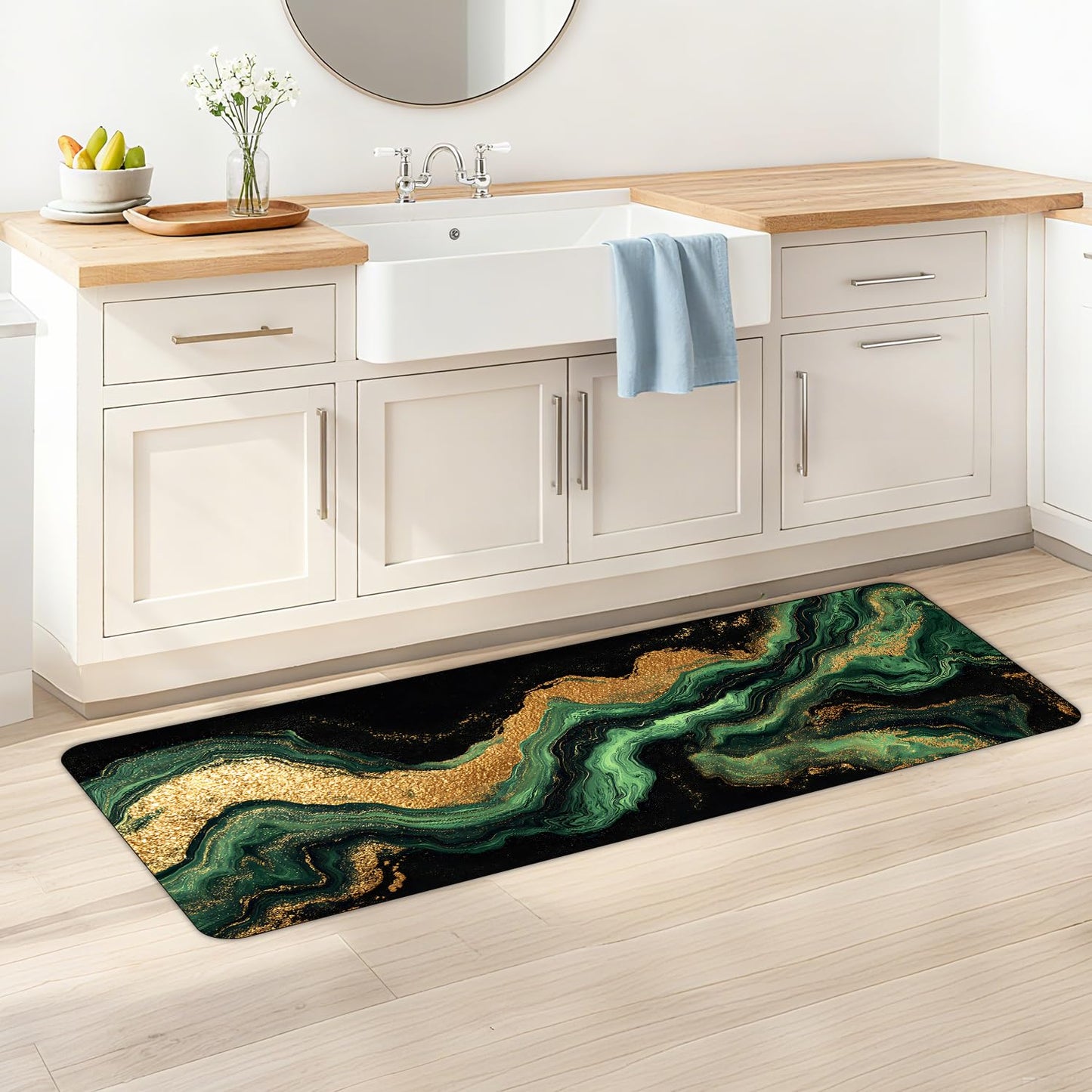 ANNA QUEEN Green Marble Pattern Laundry Room Rug 20x47 Inch – Non Slip Green Marble Pattern Mat for Laundry Room, Kitchen, Entryway, Holiday Decor