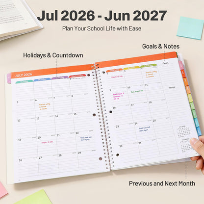 Student Planner 2026-2027, SUNEE Academic Weekly & Monthly Plan Book, Jul. 2026 - Jun. 2027, 8.5"×11" School Planner, Lesson Plan Book with Week's Goals, Bookmark, Monthly Tabs, 3-Hole Punched, Beige