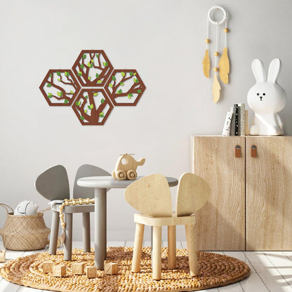 HOURIA 4 Pcs Wooden Tree of Life Wall Art, Rustic Green Leaves Hollow Brown Wall Hanging Decor for Living Room,8"*10"Abstract Modern Family Tree Wood Wall Sculpture for Farmhouse Bedroom Nursery