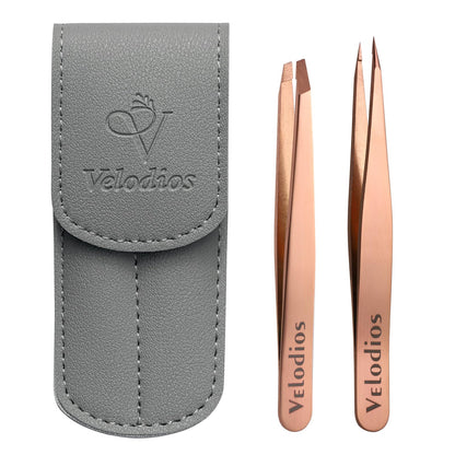 Velodios 2-Pack Precision Tweezers for Eyebrows, Facial Hair, Ingrown Hair Removal, Professional Stainless Steel Eyebrow Tweezers for Women and Men, Tweezer Set with PU Travel Case