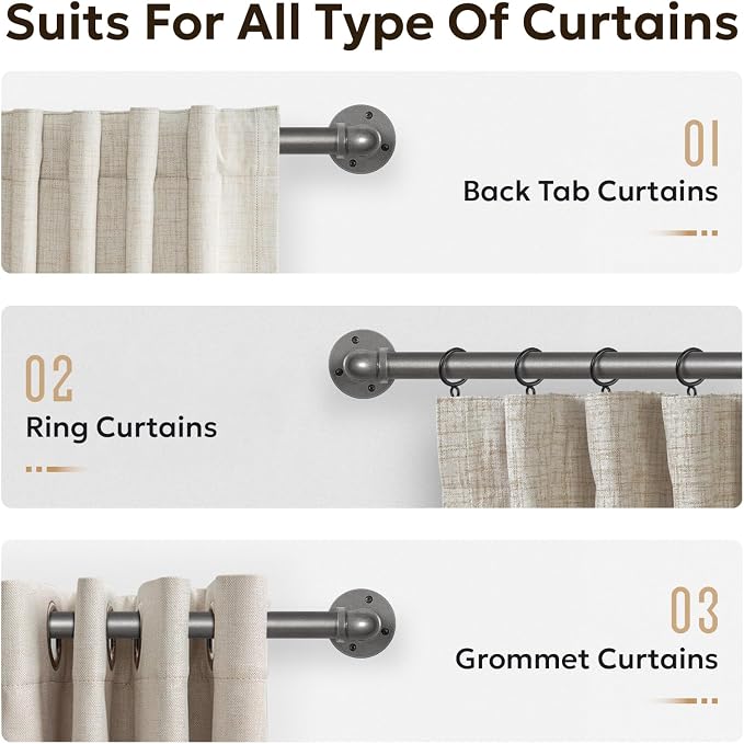 Zeerobee Curtain Rods for Windows 32 to 48, 1 Inch Industrial Wrap Around Grey Curtain Rod, Indoor/Outdoor Room Divider Adjustable Drapery Pole, 32"-48"
