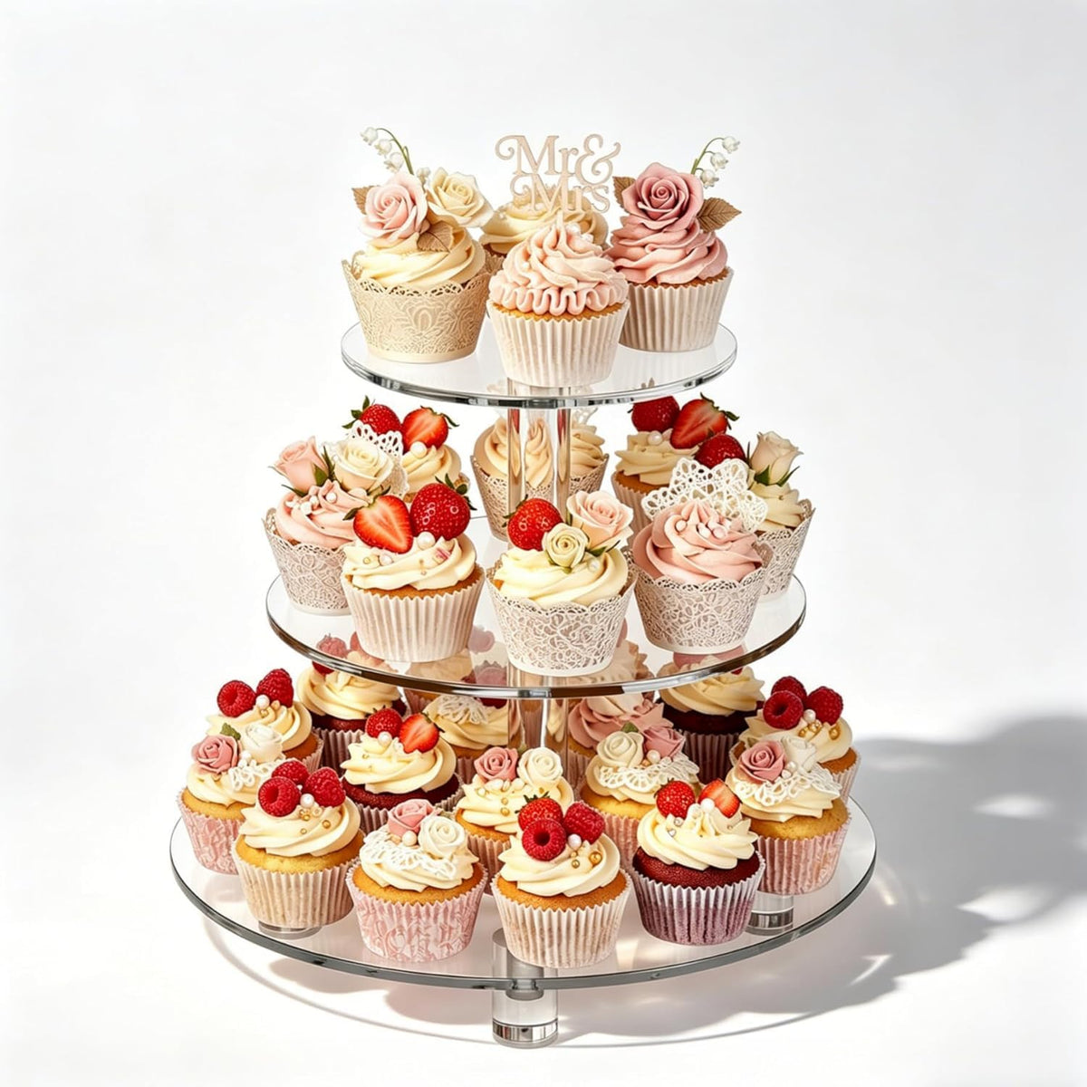 EffiQ-Rate 3 Tier Cupcake Stand, 4mm Thick Heavy Duty Acrylic Dessert Table Display Trays, 10" 8" 6" Round Cupcake Holder Decorative Bakery Tower for Wedding, Party, Baby Shower, Event